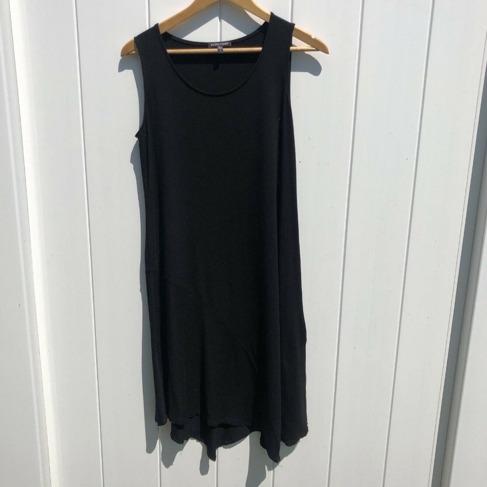 Eileen Fisher Dress Trapeze Black Rayon Lycra Sleeveless Tank Knee Length Small